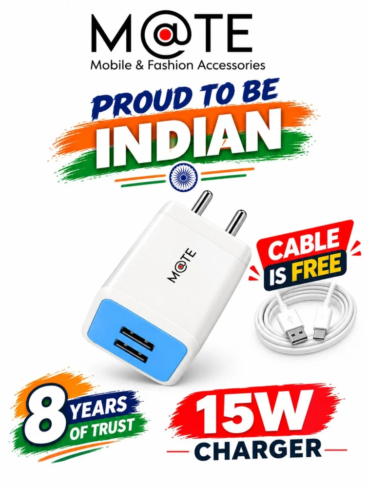 M@TE Force-15C 15W Dual USB-A Mobile Charger with 1-Meter Type-C Cable – White