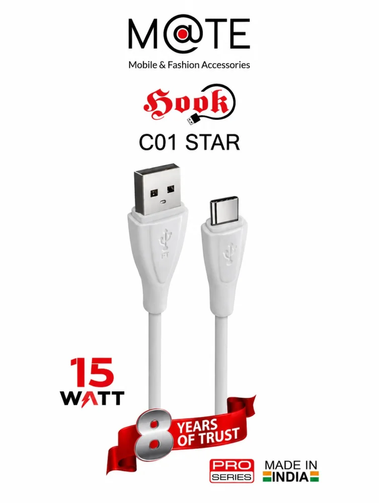 M@TE C01 STAR 15W Fast Charging USB to Type C Cable 1 Meter White Data Sync Cable for Android Mobile Phones, Durable PVC Charging Wire, 100% Copper USB Type-C Charger Cable