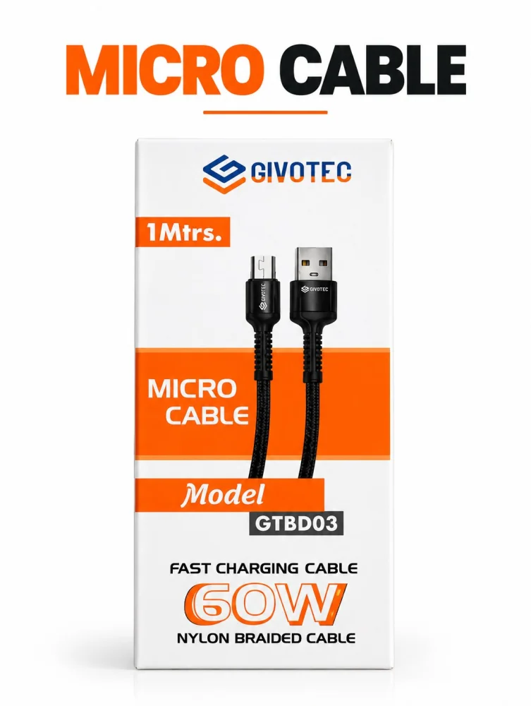 GIVOTEC GTBD03 60W USB to Micro USB Fast Charging Cable – 1 Meter, Black Nylon Braided